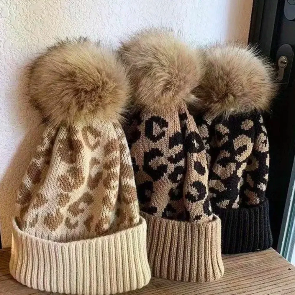 Leopard Print Pom Pom Beanie Knit Winter Hat Neutral Cozy Chic StyleNWT
